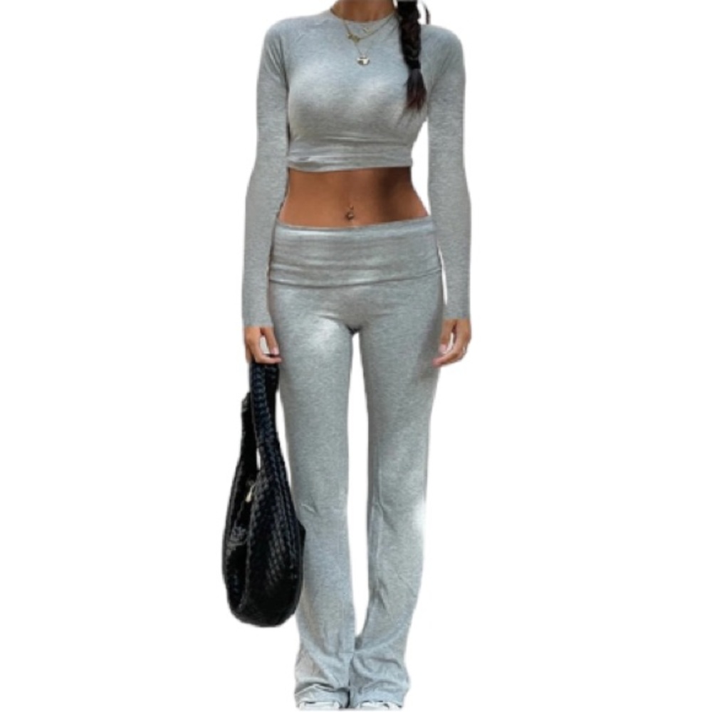 Unbranded gray long sleeve crop top fold over wide leg loungewear set small